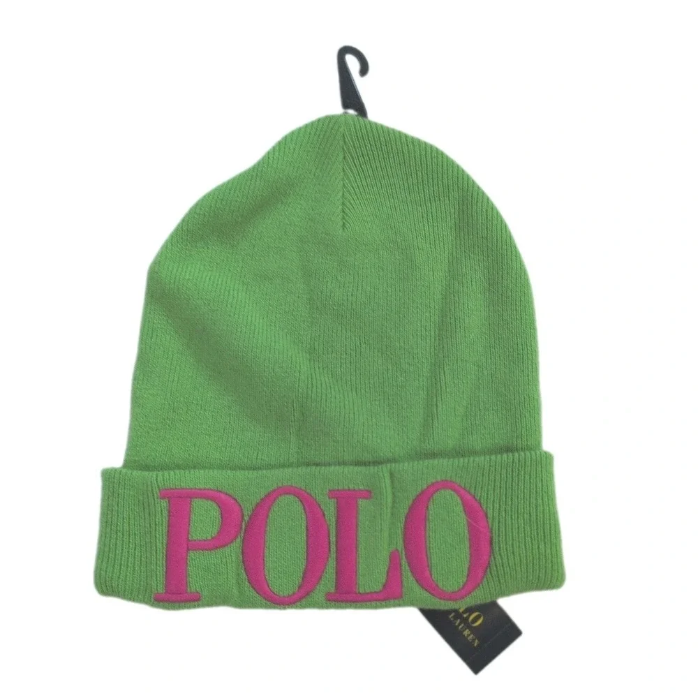 Polo Ralph Lauren Vintage Spell Out Beanie Green & Pink Logo - New